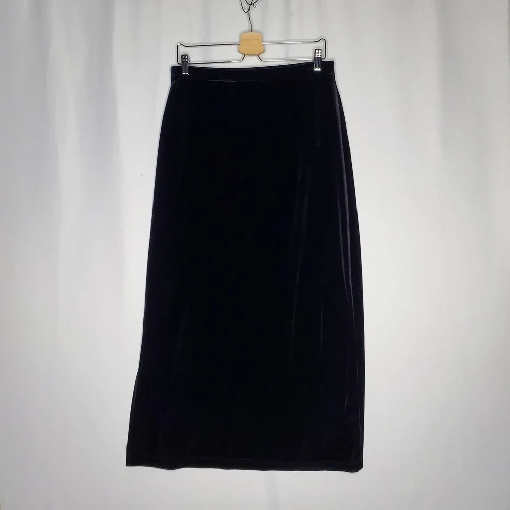Merona Velvet Maxi Straight Skirt Medium Vtg Black Stretch‎ Pullon Slit Grunge